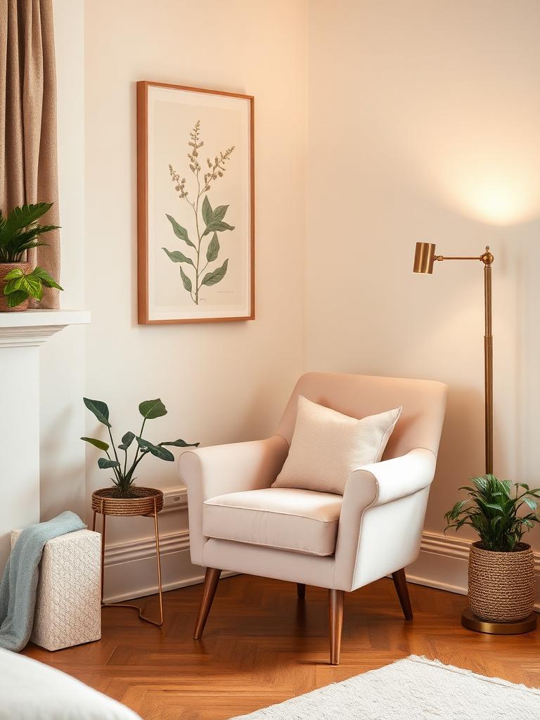 Cozy reading corner with blush armchair